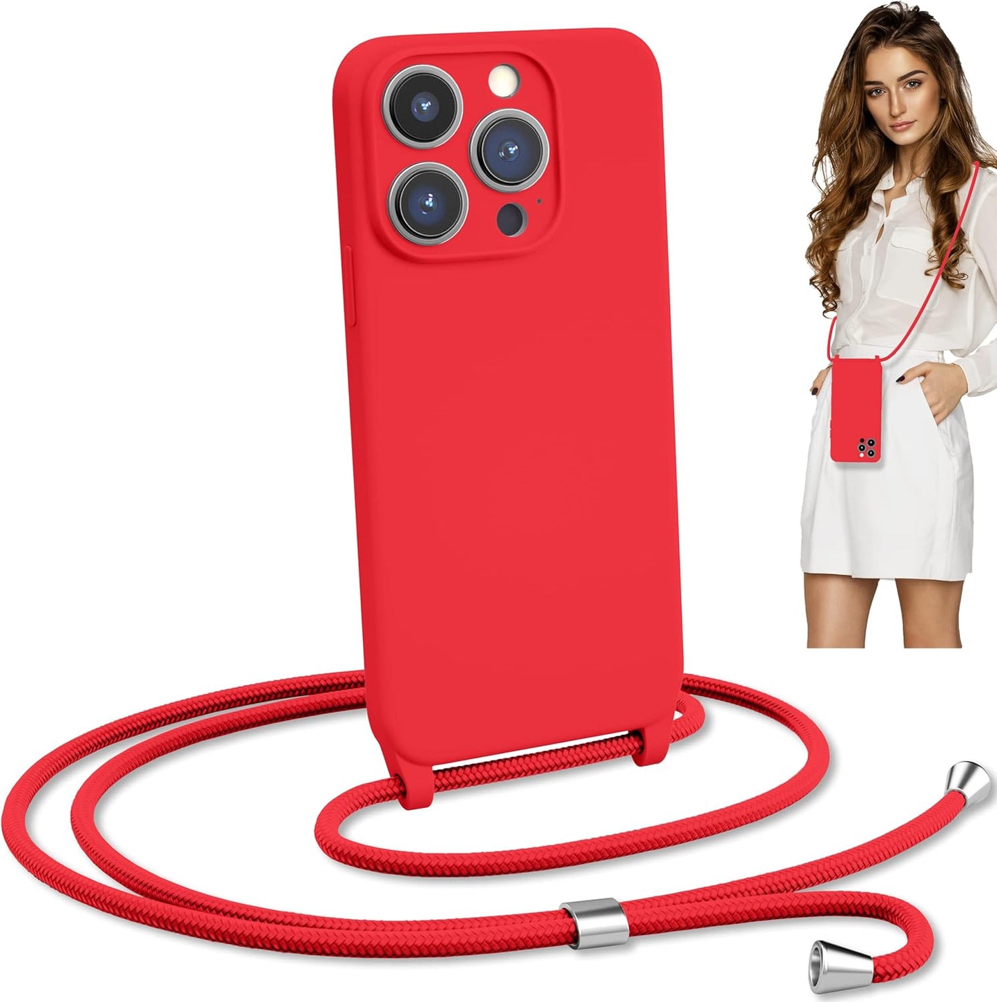 Blaspins Crossbody Lanyard Strap Case for iPhone 14, Neck Cross Body, Adjustable Holder Removable, Drop Protection Shockproof, Hands-Free Silicone Case Cover 6.1 inch, 150 cm Strap, iPhone 14 - Red