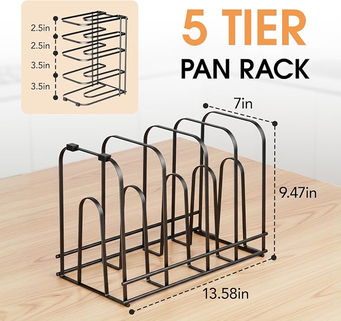 ORDORA 2 Pack Pots and Pans Organizer under Cabinet 13.58" Tall, 5-Tier Pan Organizers inside Cabinet, Space Saving Kitchen Storage Pot Rack for Baking Pan Cast Iron Skillets Cookware - No Assembly