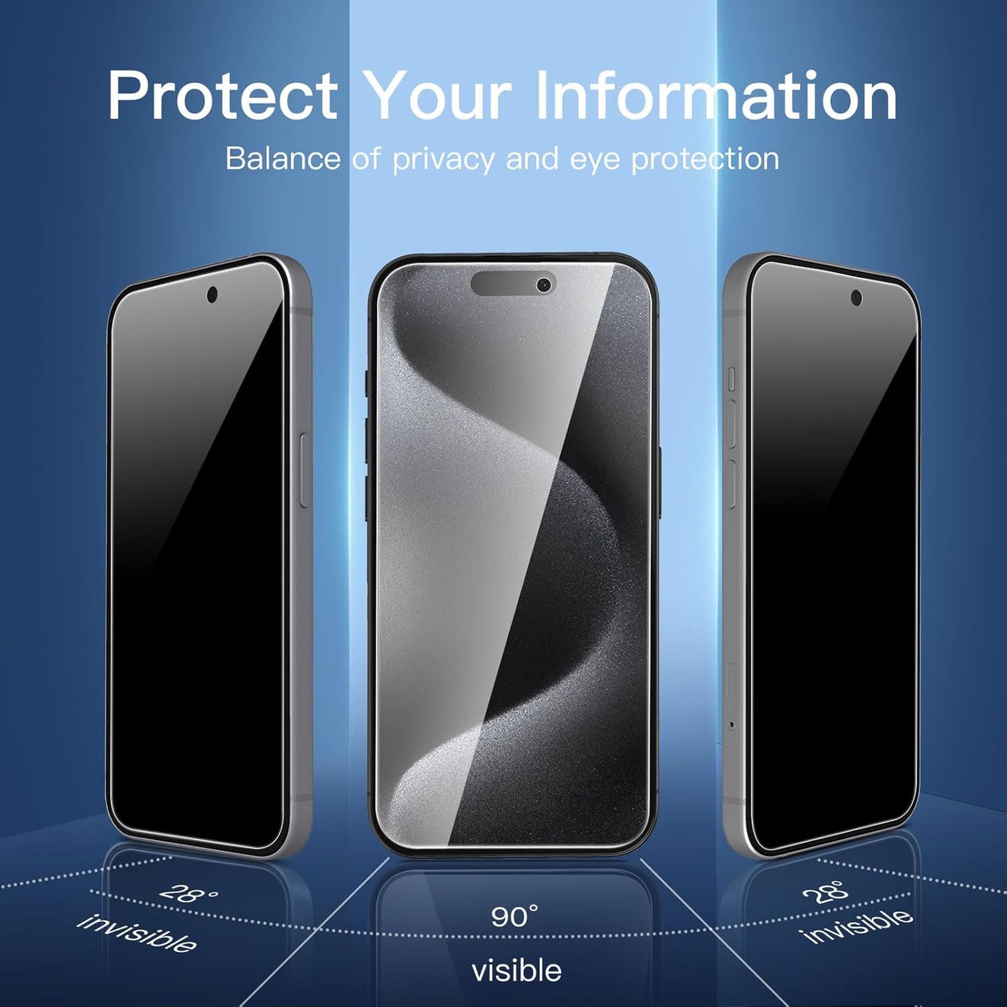 NEW'C 3 Pack Privacy for iPhone 15 Pro Screen Protector (6.1 inches), Anti-Spy Tempered Glass Film,Case Friendly Ultra Resistant,Balanced 28-Degree Privacy Angle - Easy installation tool included