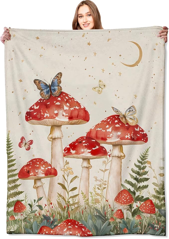 Red Mushroom Blanket Enchanting Forest Throw Blankets with Butterfly,Birthday Gifts for Girls Women & Nature Lovers,Lightweight Soft Fleece,for Sofa Couch Bed Room Fairy Tale Decor 60x80in