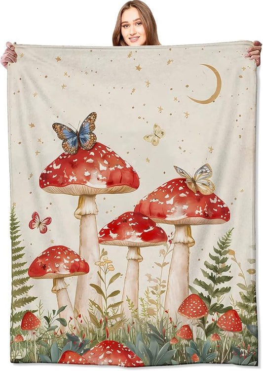 Red Mushroom Blanket Enchanting Forest Throw Blankets with Butterfly,Birthday Gifts for Girls Women & Nature Lovers,Lightweight Soft Fleece,for Sofa Couch Bed Room Fairy Tale Decor 60x80in