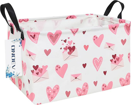 Rectangular Folding Laundry Basket,waterproof Canvas Basket,Gift Basket,Suitable for Children's Room,Office,Clothes,Toys Storage(Pink Love)