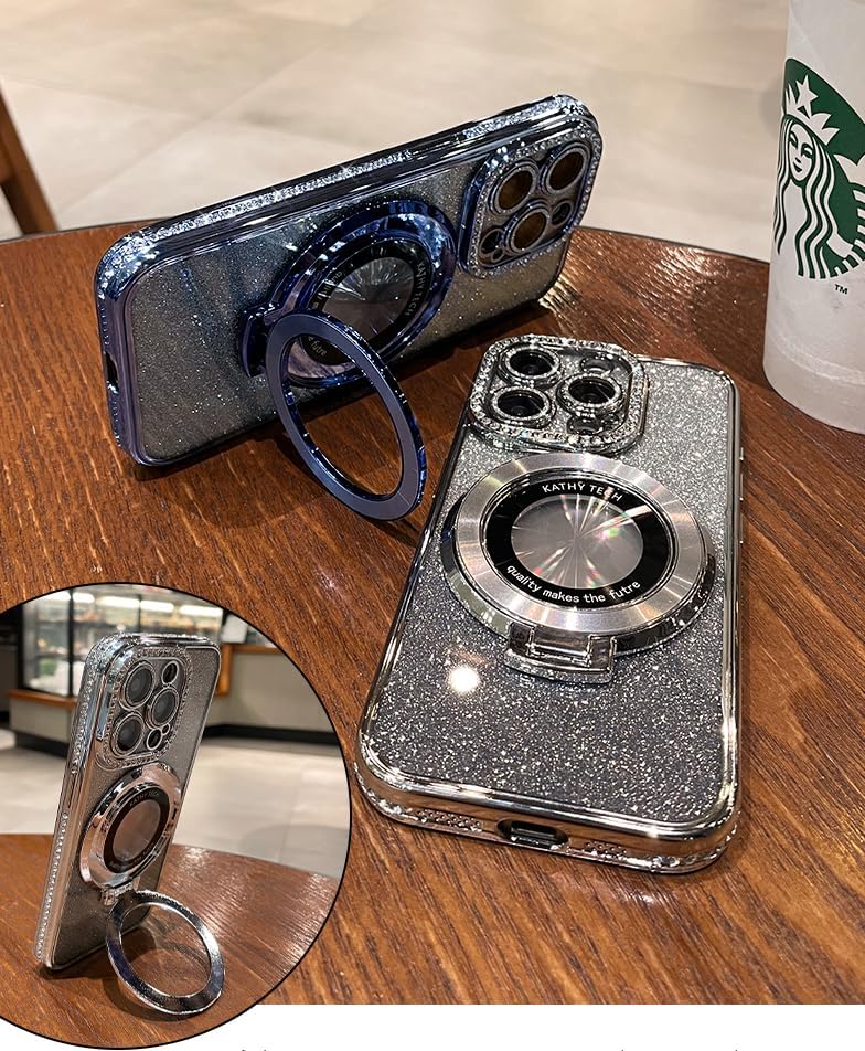 Magnetic Kickstand (Glitter Lens Protector ) Case for iPhone 15 14 13 12 Pro Max (Compatible with Magsafe ) Sparkling Diamond Cover Glitter Shiny Rhinestone Cases (Silver,for iPhone 14 Pro Max)