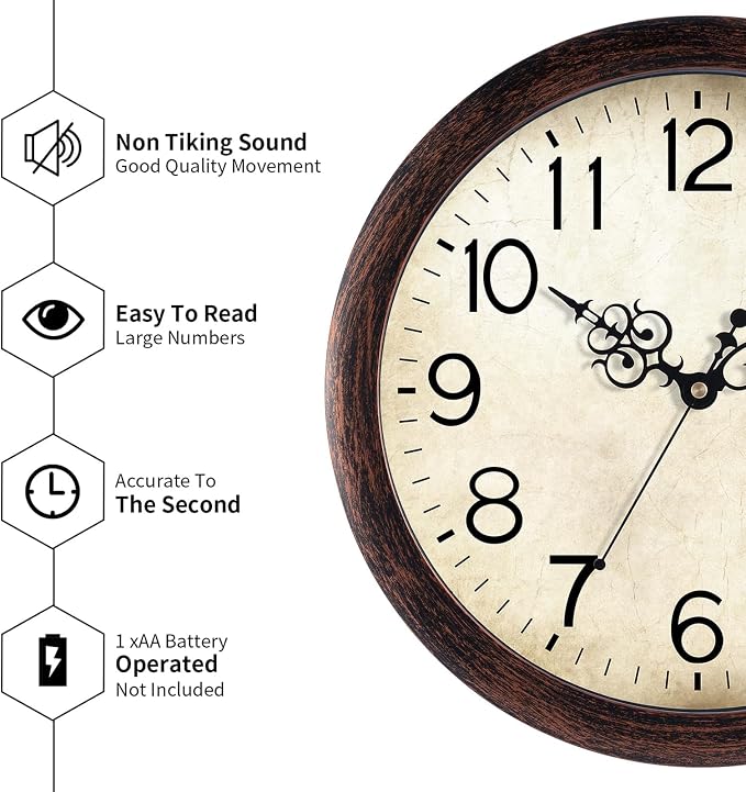 KECYET Wall Clock, Vintage Wall Clocks Battery Operated Quartz Silent Non-Ticking 8 Inch Retro Rustic Style Clock Decorative for Kitchen,Bathroom Home Office (Bronze)