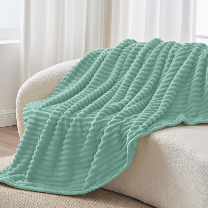 BEDELITE Fleece Throw Blanket for Couch - 300GSM Soft & Warm Fluffy Mint Blue Blanket, Decorative and Giftable Striped Blankets for Women, Men, 50"x60"