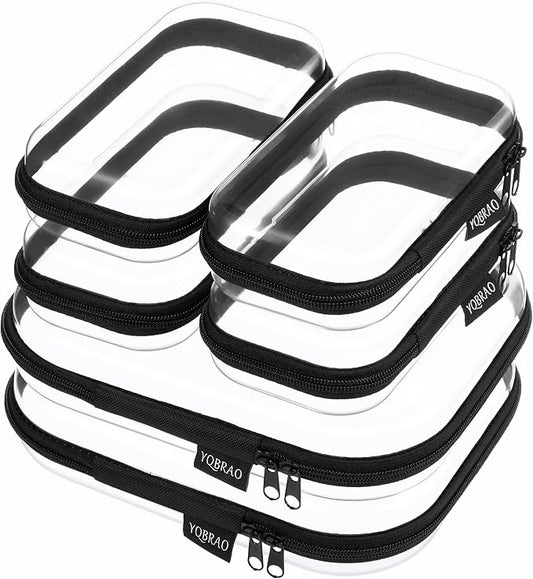 6 Pack Black Clear Hard Shell Beauty Organizer (2M+4S), 1.2mm Heavy Duty Crush-Proof Cosmetic Case, Reinforced YKK Zippers, Stadium Approved Security Bag for Skincare & Electronics, Multi-Size Set