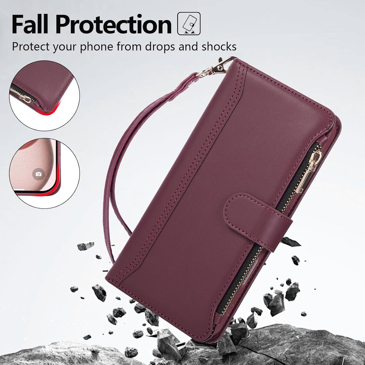 Compatible with iPhone 15 Pro Max Wallet Phone Case-PU Leather Magnetic Flip Cover with Credit Card Slots,Zipper Pocket & Detachable Wrist Strap,Shockproof Design,for Women and Men-Claret