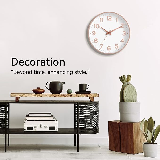 Roymnie Wall Clock 10 Inch Silent Wall Clocks Battery Operated-Modern Non Ticking Analog Clock Decorative for Kitchen Bedroom Office Bathroom(White Rose Gold)