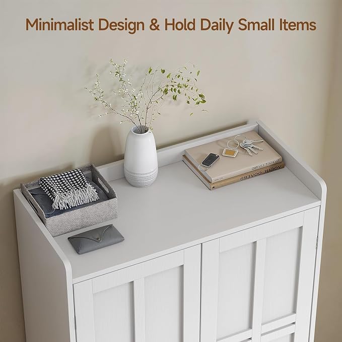 ONBRILL Shoe Storage Cabinet with Cross Molding Doors, 6-Tier Farmhouse Shoe Cabinet with 3 Adjustable Shelves and Metal Legs, 45'' Tall Shoes Rack Organizer Cabinet for Entryway, Front Door, White
