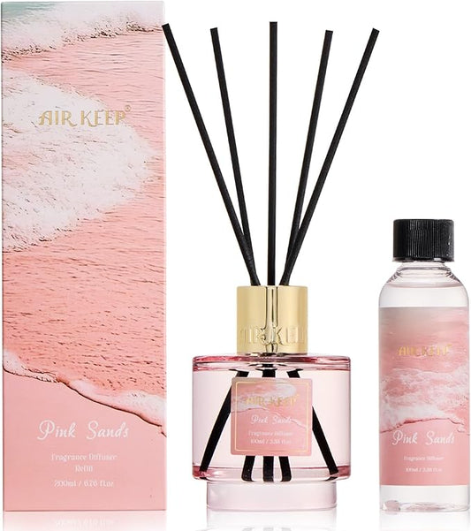 Airkeep Reed Diffuser Set with Refill & 8 Reed Sticks, 6.96 fl oz Pink Sands Home Fragrance, Long Lasting Aromatherapy Diffuser for Bedroom, Bathroom & Living Room