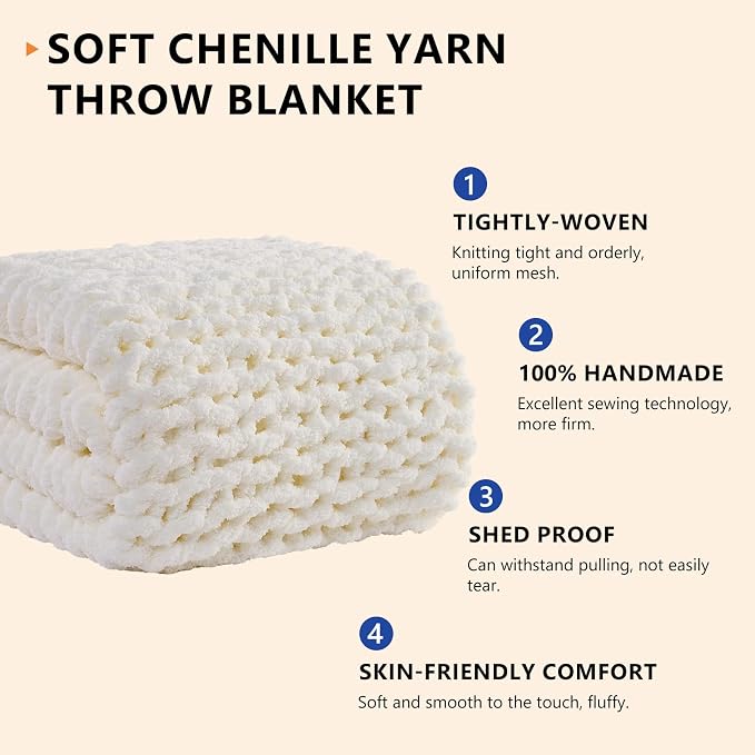L'AGRATY Chunky Knit Blanket Throw: Soft Chenille Yarn Throw Blanket 50x60 - Handmade Thick Cable Crochet Blanket - Large Chunky Rope Throw Blanket for Couch Sofa Bed Home Decor(Cream White)
