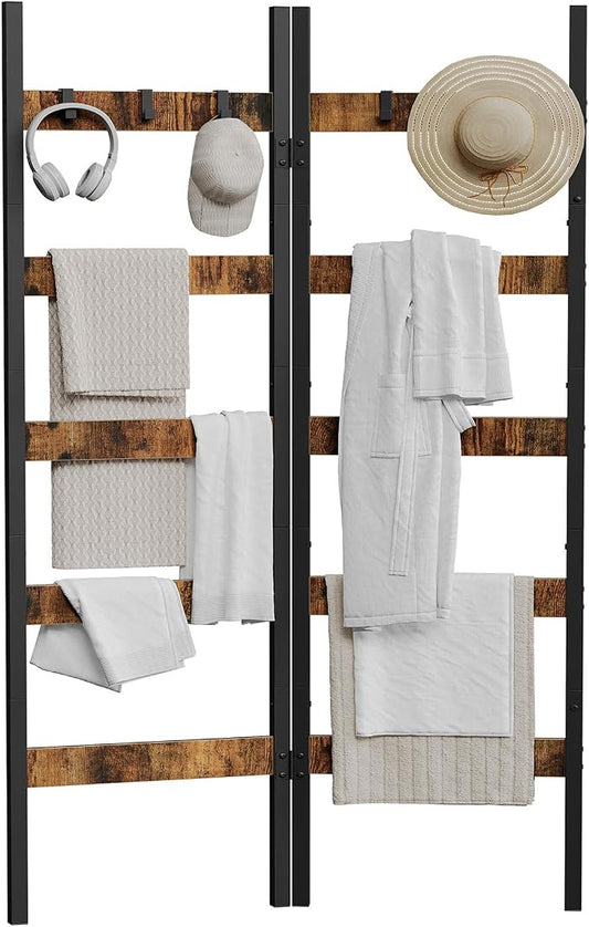 Foldable Blanket Ladder, 5-Tier Ladder Shelf, Decorative Ladder with 5 Removable Hooks, Wall-Leaning Blanket Holder for Towel, Scarves, Quilt Display Rack for Living Room, Rustic Brown