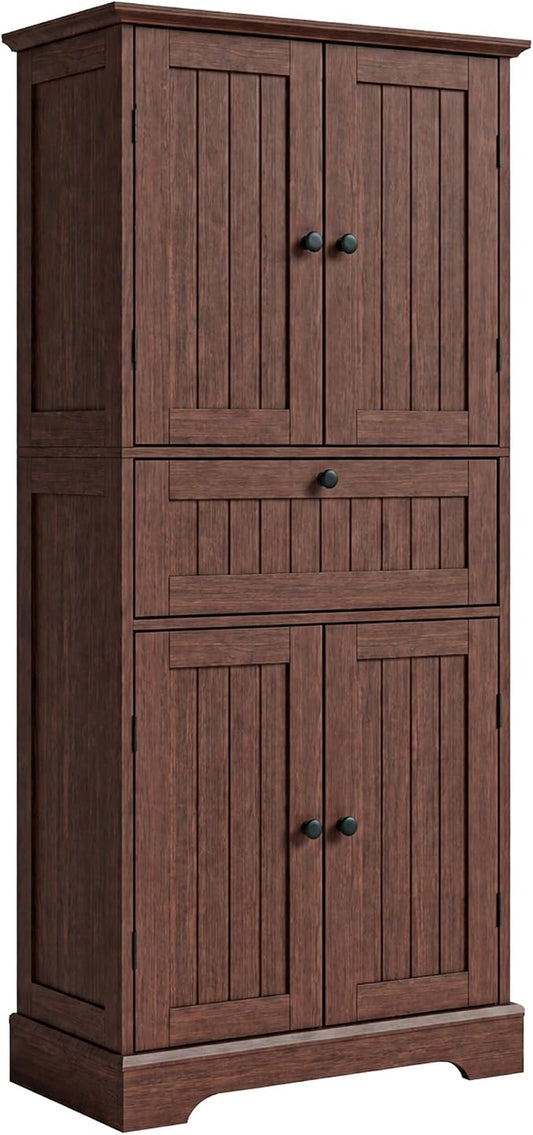 ChooChoo 51" H Tall Bathroom Floor Cabinet, Modern Bathroom Storage Cabinet with Drawer and Adjustable Shelves, Freestanding Kitchen Pantry Cupboard with 4 Doors for Living Room, Walnut