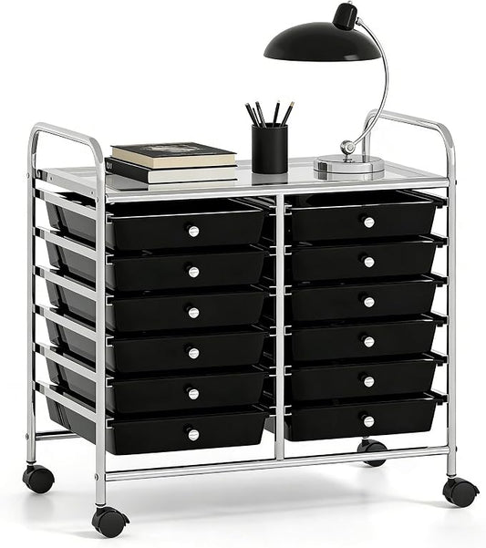 COSTWAY 12-Drawer Rolling Storage Cart, Utility Storage Organizer Cart for Tools, Scrapbook, Paper, Craft, Multipurpose Art Supply Organizer on Wheels for Home Office School, Teacher, Black