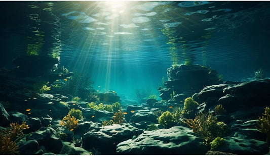 Aquarium Background Underwater Aquatic Plants Rocks Fish Terrarium Backdrop Sunlight Rays Coral Fish Tank Background Cave Style Landscape Sea Grass Tank Wallpaper Poster Vinyl 48x24in