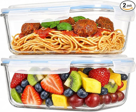 2 Pack 63oz Large Glass Storage Containers with Lids Big Meal Prep Food Container Set for Storing food, vegetables or fruits, BPA Free, Freezer Dishwasher Oven Safe