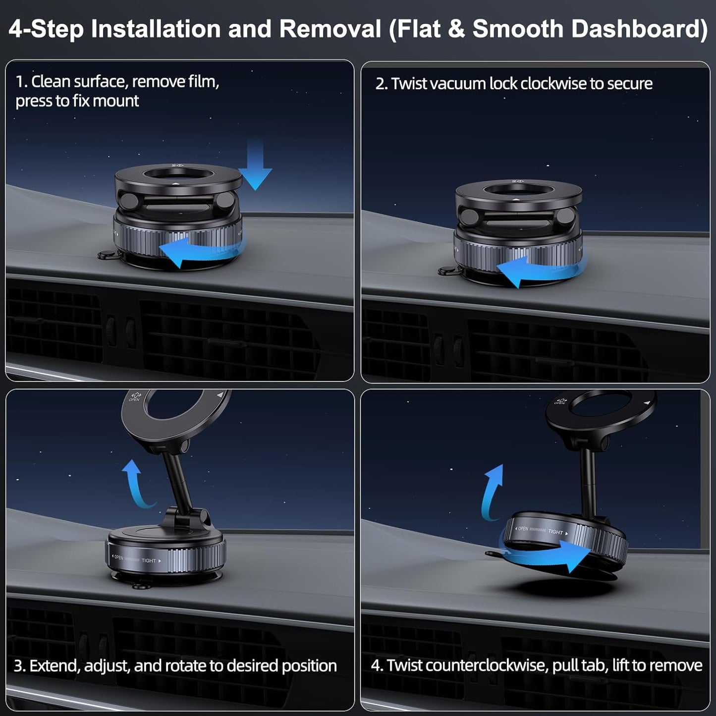 Vacuum Magnetic Suction Phone Holder, Foldable and Retractable Hands-Free Suction Cup Phone Mount for Car/Gym/Mirror/Smooth Surface, Compatible with iPhone Android and All Smartphones (Black)
