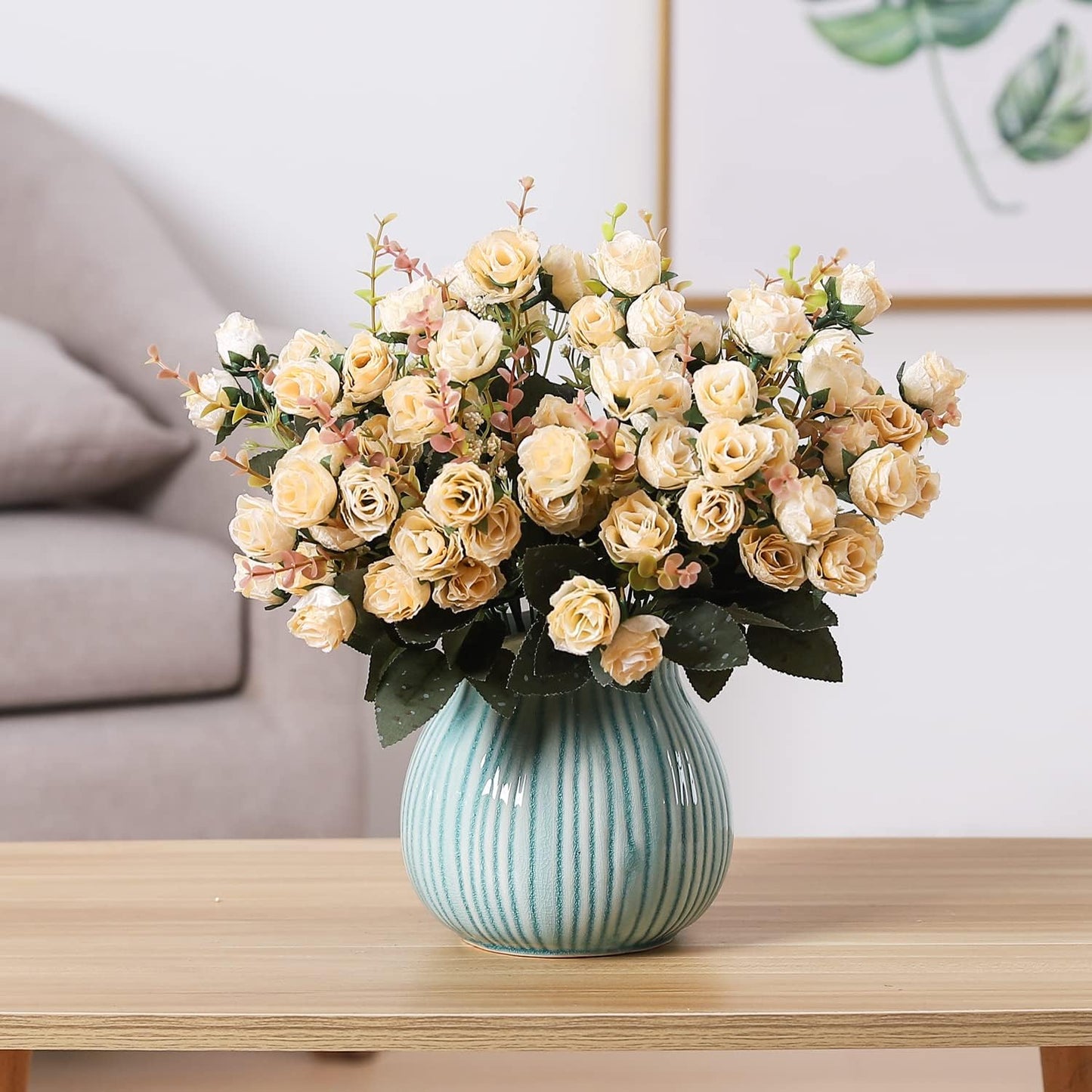Duovlo 7 Branch 21 Mini Rose Heads Artificial Flowers Bouquet Wedding Home Office Decor,Pack of 2 (2 PCS Champagne)