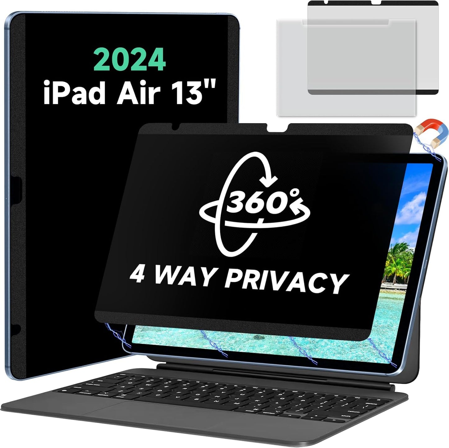 Magnetic 360° Privacy Screen Protector for iPad Air 13 Inch M2/M3 (6/7th Generation, 2024/2025), Case Friendly Blue light Blocker Anti-glare Eye Strain Filter, Removable Anti Spy Film Support Apple Pencil