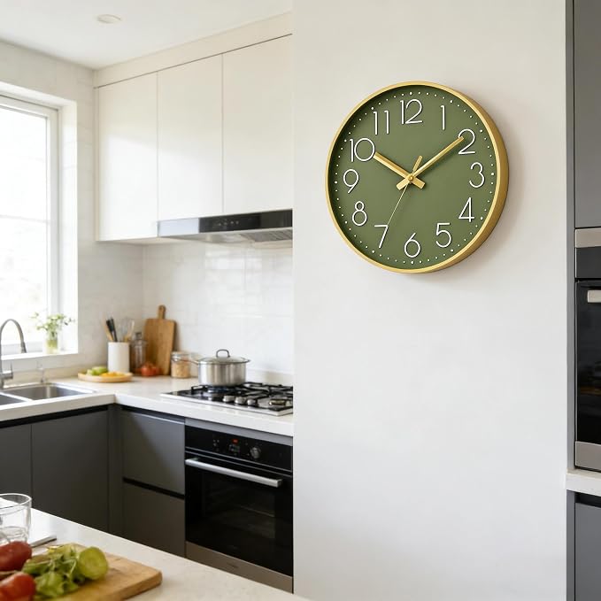 DAXSMY Wall Clock - 12 Inch Silent Non-Ticking Modern 3D Wall Clocks Battery Operated - Decorative Clock for Kitchen, Home Office, Bathroom, Bedroom, Living Room(Green)