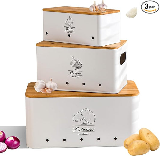 Metal Potato Onion and Garlic Storage Tin Set of 3, White Kitchen Vegetable Canisters with Bamboo Lid and Aerating Holes, Stackable Kitchen Keeper Storage for Countertop Pantry