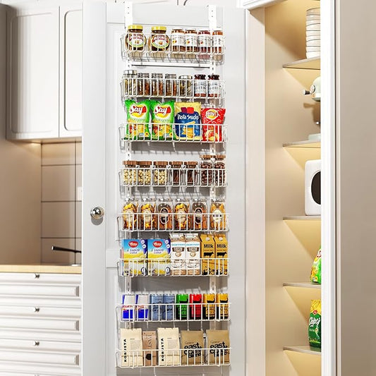 Delamu Adjustable Cabinet Door Organizer, 8-Tier Hanging Spice Rack Organizer, Metal Over the Door Pantry Organizer, Pantry Organizers and Storage Shelves for Kitchen Bathroom Laundry Room, White