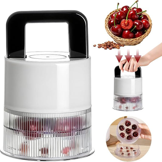 Cherry Pitter Tool 7-in-1 with 1.5" Extra Large Slots, Olive Pit Remover | Cherry Pitter for Jumbo Cherries & Olives, Transparent Container, Safely Safe, Anti-Splash, 7-Slot Cherry Pitter Tool
