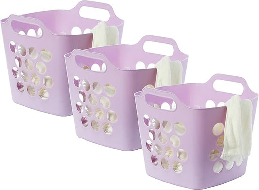 Flexible Plastic Carry Laundry Basket Holder Square Storage Hamper with Side Handles, Purple Set of 3