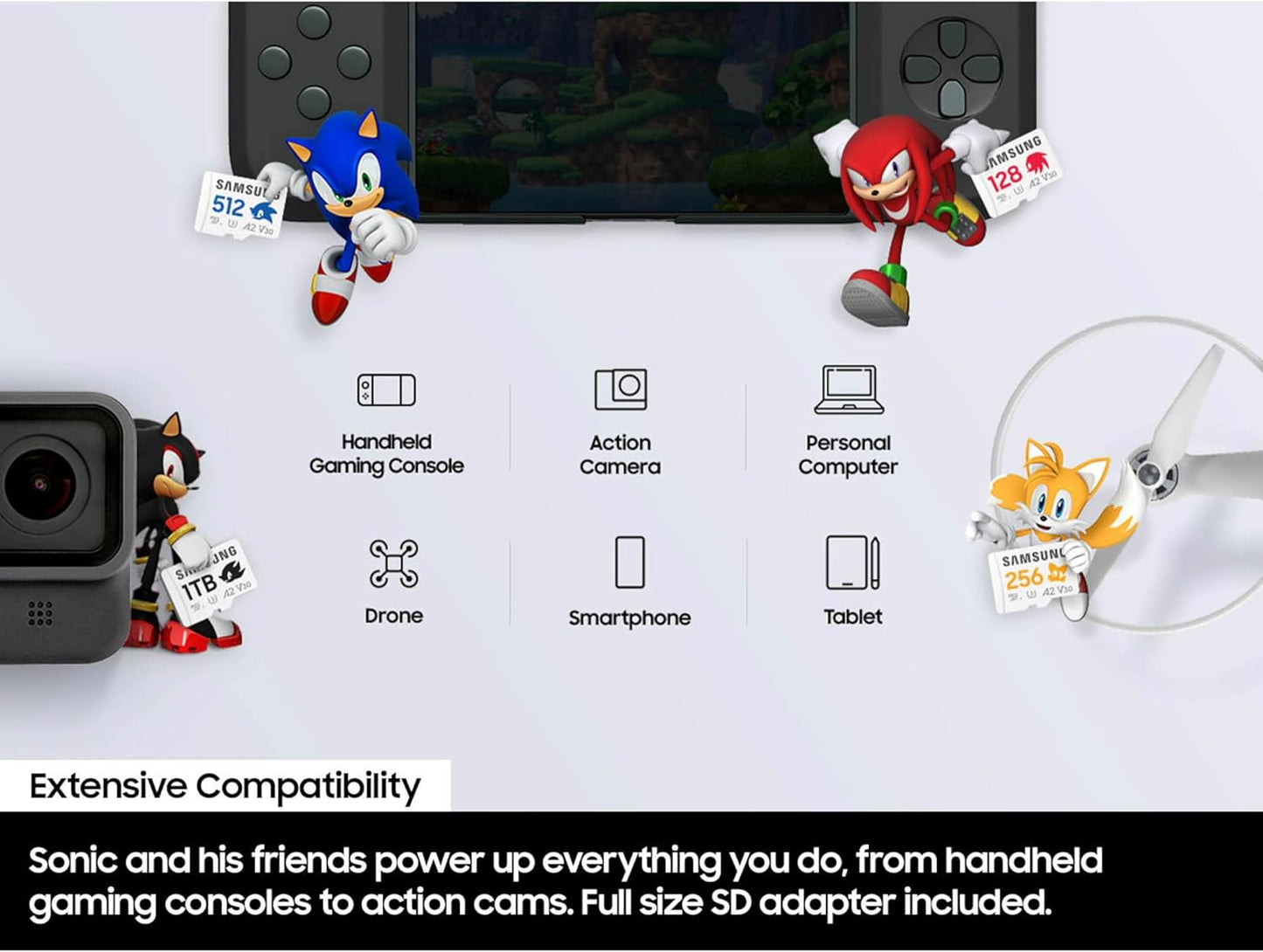 Samsung PRO Plus Sonic The Hedgehog + Adapter, 128GB microSDXC, Up-to 180MB/s, Full HD & 4K UHD, UHS-I, C10, U3, V30, A2, for Nintendo-Switch, Steam Deck, GoPRO, DJI Drone, Tablets (MB-MD128SA/LC1)