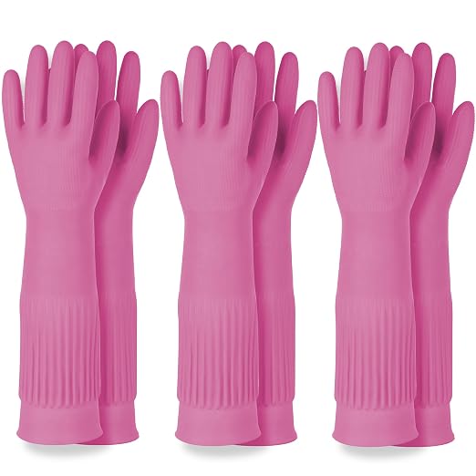 DABOGOSA Mamison 2 Pairs Reusable Waterproof Household Dishwashing Cleaning Rubber Gloves, Non-Slip Kitchen Glove (Pink, XL (Pack of 3))