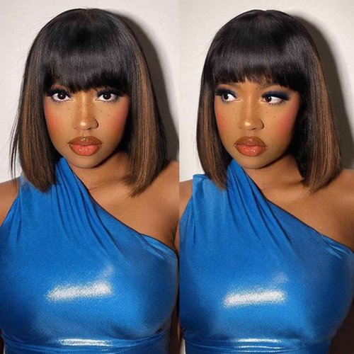 FFEGG Bob Wig with Bangs Human Hair Glueless HD Lace Straight Short Bob Wig with Brown Highlights, Ready to Go Short Wigs For Women （12 Inch bob wig）