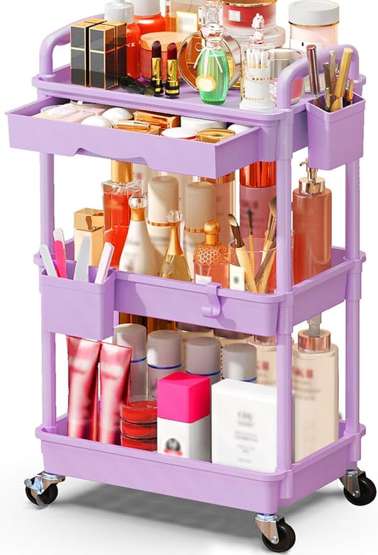 SUNALLY Makeup Cart Organizer with Drawers, Floor Skincare Organizers Vanity Storage Organizer, Rolling Makeup Bathroom Storage Cart Cosmetics Display Cases for Skin Care Perfume Nail Polish, Purple
