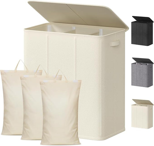Lifewit Triple Laundry Hamper with Lid and Removable Laundry Bags, Large Collapsible 3 Dividers Dirty Clothes Basket with Handles for Bedroom, Laundry Room, Closet, Bathroom, College, 160L White