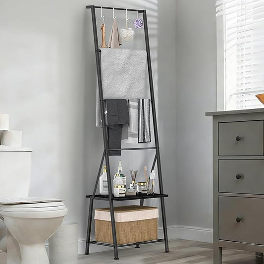 Black Metal Blanket Ladder with Storage Shelf and Hooks, Leaning Towel Rack for Bathroom, Decorative Blanket Rack for Living Room Bedroom
