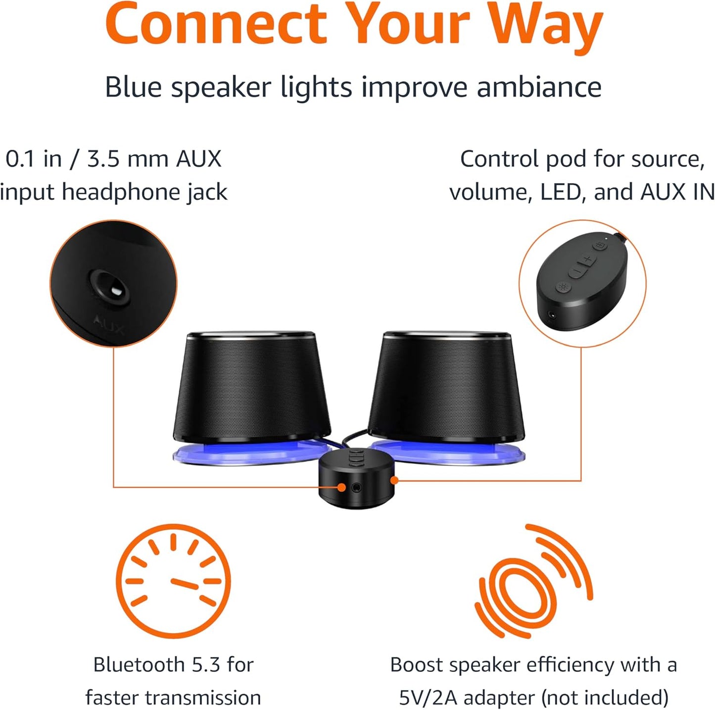 Amazon Basics Bluetooth Computer Speakers with USB 3.0 and Blue Lighting
