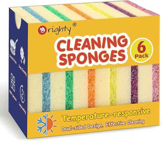 Orighty Dish Sponges, Dual-Sided Temperature-Responsive Kitchen Sponges, Non-Scratch Cleaning Sponge, Dish Scrubber, Scrub Sponge for Kitchen, Bathroom & Household, 6 Pack