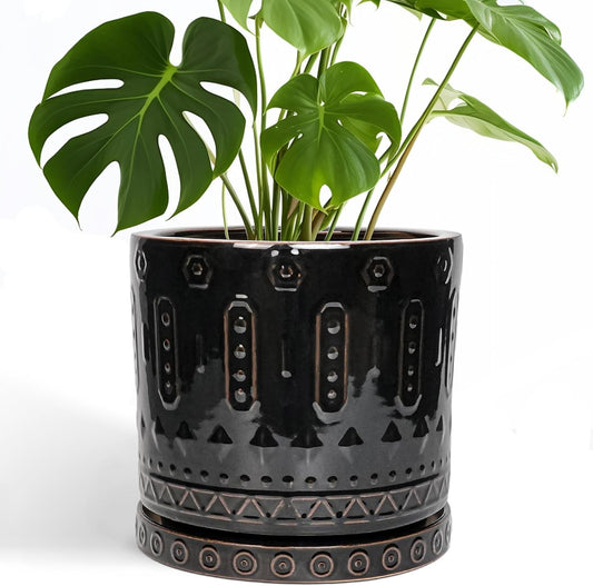 Ceramic Planter for Indoor Plants - 10 Inch Plant Pots with Drainage Hole and Saucer, Round Decorative Flower Pots Outdoor, Boho Large Planter, Room Decor, House Warming Gifts, Black