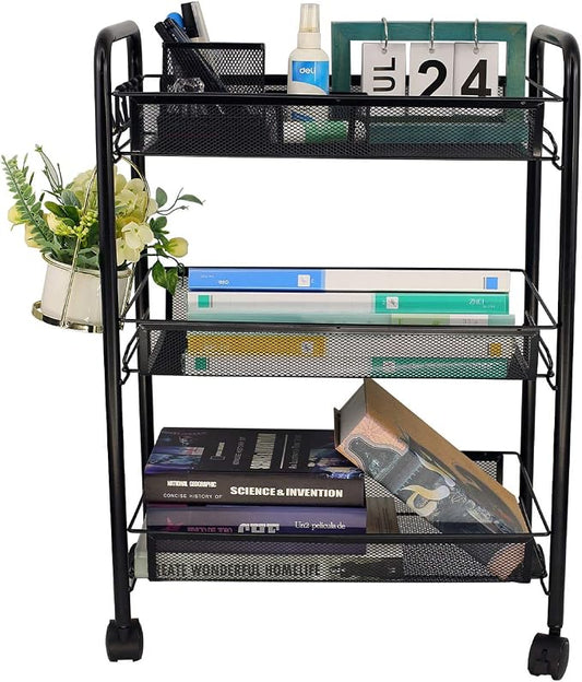 3-Tier Mesh Rolling Cart - 24.8" H Fits Under Desk Metal Cart with Wheel | Hold 35bls/Tier Small Space Storage Organizer Crafts Utility Cart for Office Pantry Bathroom Kitchen Laundry, Black