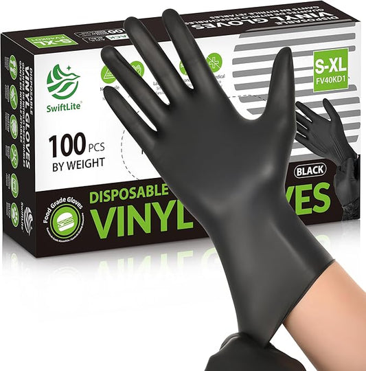 SWIFTLITE Black Vinyl Gloves, Food Grade Gloves Disposable Latex Free & Powder Free, Guantes for Cleaning Cooking Food Prep