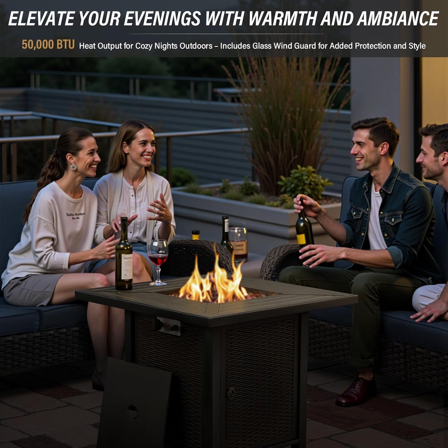 7-Piece Modern Gray Wicker Patio Conversation Set - 4 Swivel Glider Chairs & 50,000 BTU Propane Fire Table