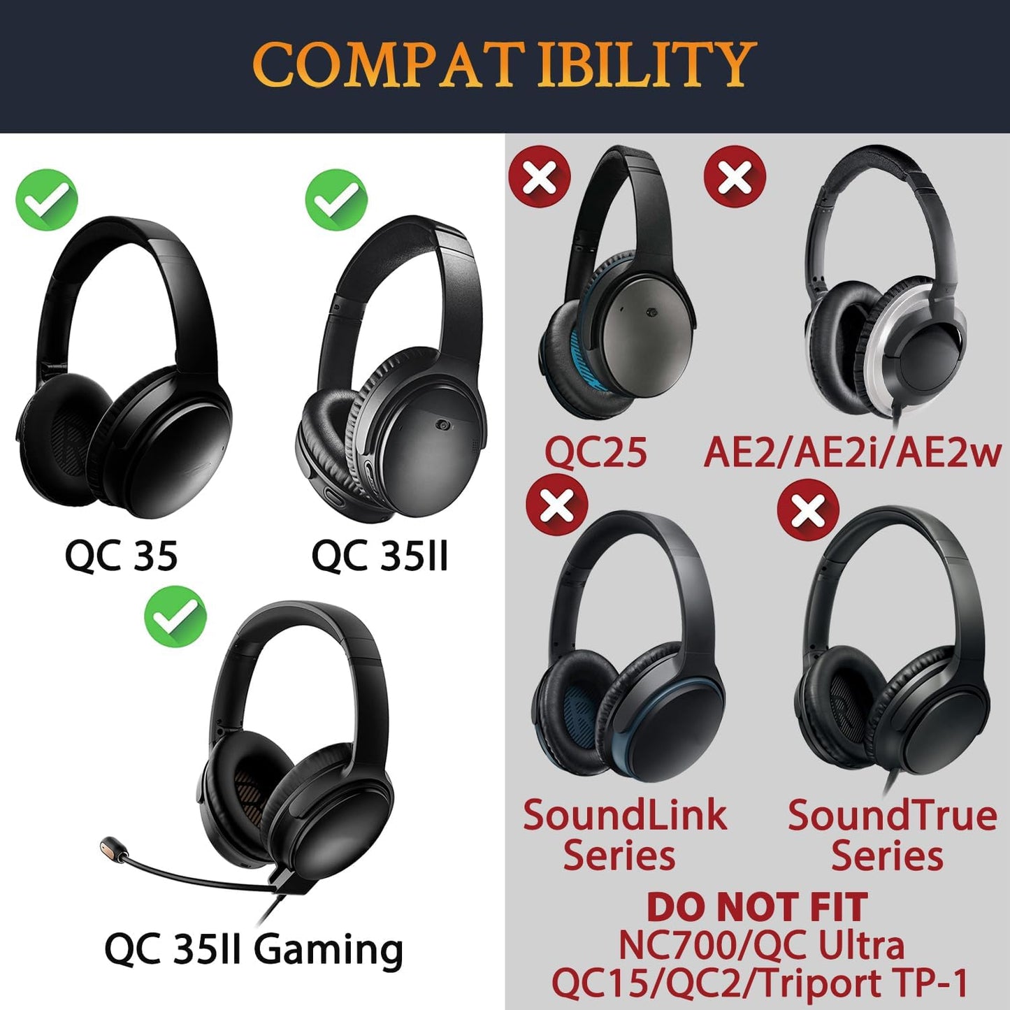 SOULWIT Ear Pads Cushions + Headband + Silicone Earpads Cover Protector, Replacement Kit for Bose QuietComfort 35 QC35, QC35 ii Over-Ear Headphones - Black Gold
