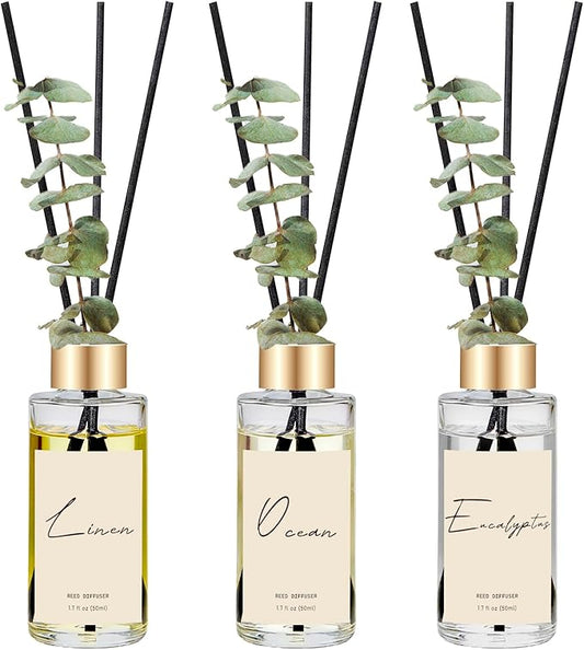 Reed Diffuser Set of 3, Eucalyptus, Linen & Ocean Scented Oil Diffusers with 15 Reeds, Long-Lasting Home Fragrance for Bedroom & Bathroom Decor, 1.7 fl oz Each, Total 5.1 oz