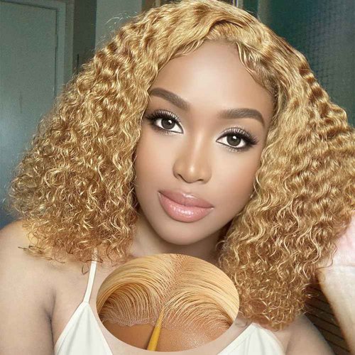 FABA Glueless Wigs Human Hair Pre Plucked Pre Cut Bob Blonde Curly Wig 7x5 Honey Blonde Deep Wave Wig Human Hair 180% Density Short Curly 10 Inch