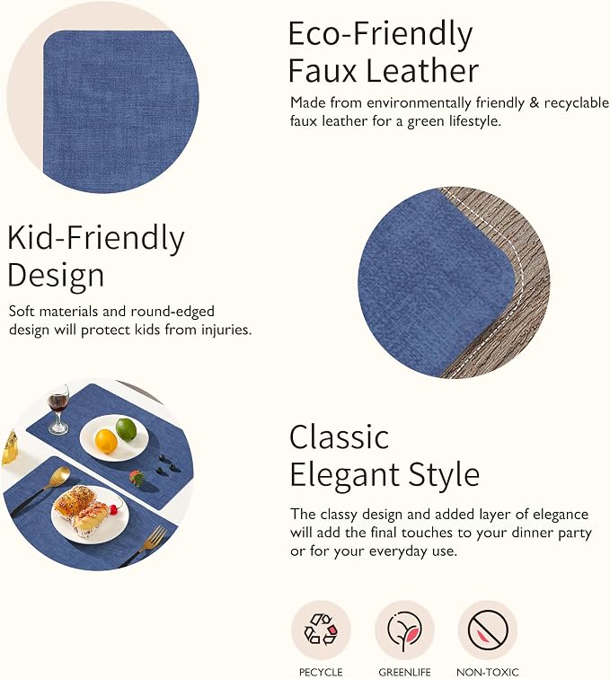 Maxpearl Faux Leather Placemats Set of 4 - Waterproof - Wipe Clean - Heat Resistant - Anti Slip Dining Table Place Mats, Suitable for Indoor & Outdoor Use, 17’’×12’’, Navy Blue