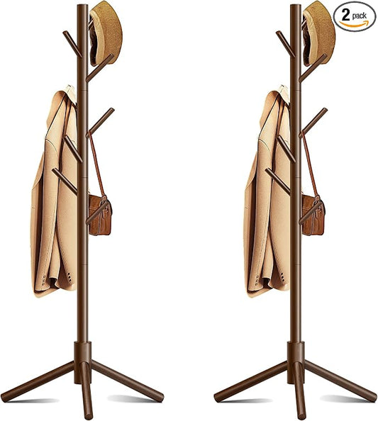 Coat Rack, Coat Racks Freestanding with 8 Hooks 3 Adjustable Heights for Clothes, Hats, Handbags, Coat Tree Easy Assembly for Entryway, Bedroom, Hallway, Office(Brown 2PCS)