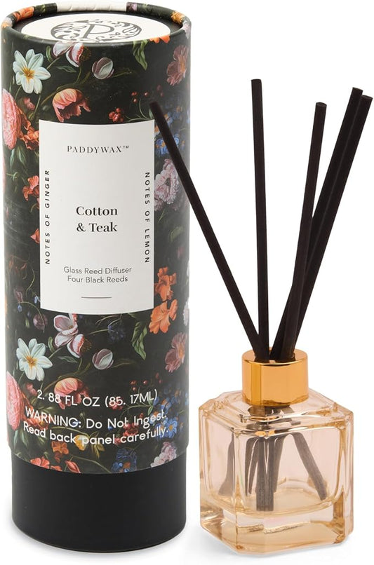 Paddywax Botanica Scented Oil Diffuser with Reeds in Reusable White Glass Bottle, Tubed Gift Box, Includes Diffuser Sticks, Long-Lasting Fragrance, Reusable & Upcyclable, Cotton & Teak, 2.8 fl oz