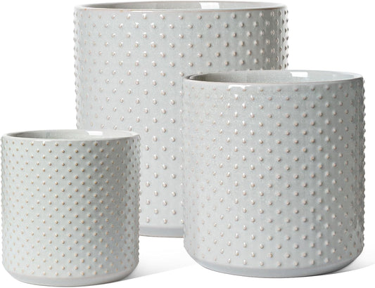 LE TAUCI Ceramic Plant Pots Indoor, 10+8+6 Inch Planters for Indoor Plants, Raised Dots Flower Pots with Drainage Hole and Plug, Cylinder Round Planters, Set of 3, Glaze Star Gray