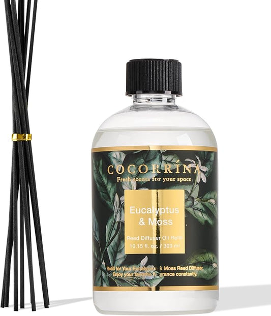 Cocorrína Reed Diffuser Refill Eucalyptus & Moss 10.14oz (300ml) with 8 Sticks - Premium Long-Lasting Floral Essential Oil, Home Fragrance for Bedroom, Bathroom Home Decor