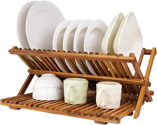 Utoplike Large Teak Dish Drying Rack, Wooden 3 Tier Collapsible Dish Draine for Countertop, Kitchen Organizer for Pasta Plates, Cups