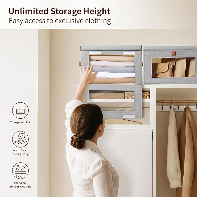 Homsorout Medium Fabric Storage bins - Collapsible Storage Bins with Open Window, 5 Pack Closet Baskets for Shelves, Stackable Decorative Boxes for Home, Dorm, Grey, 13.7"x 9.8" x 9.8"